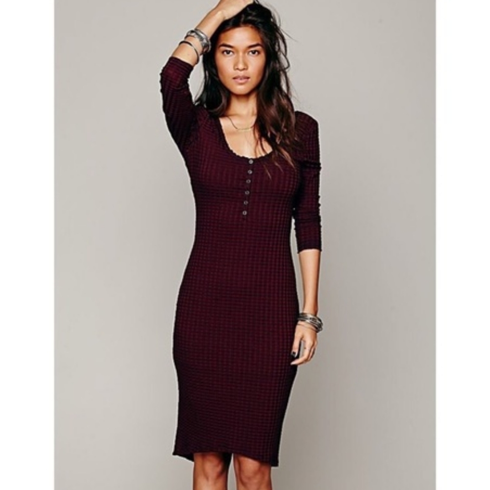 Women’s Ribbed Henley Midi Dress - Deep Burgundy